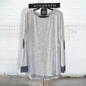 Staccato - Long Sleeve Knit Tunic w/ Elbow Patches & Button Back, Grey - Large